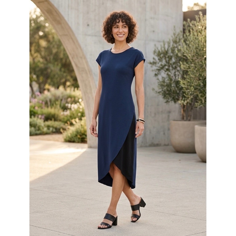 Ruti Navy Blue Black Colorblock Wrap Midi Dress Short Sleeve Crew Neck Size 0